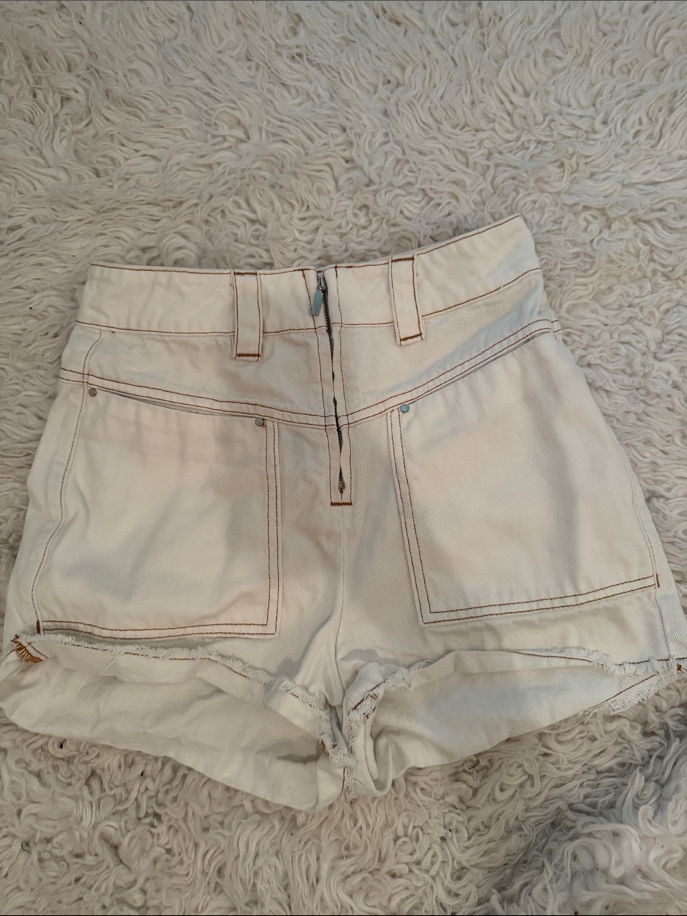 ba&sh Cream High-Waist Jean Shorts with Contrast Stitching